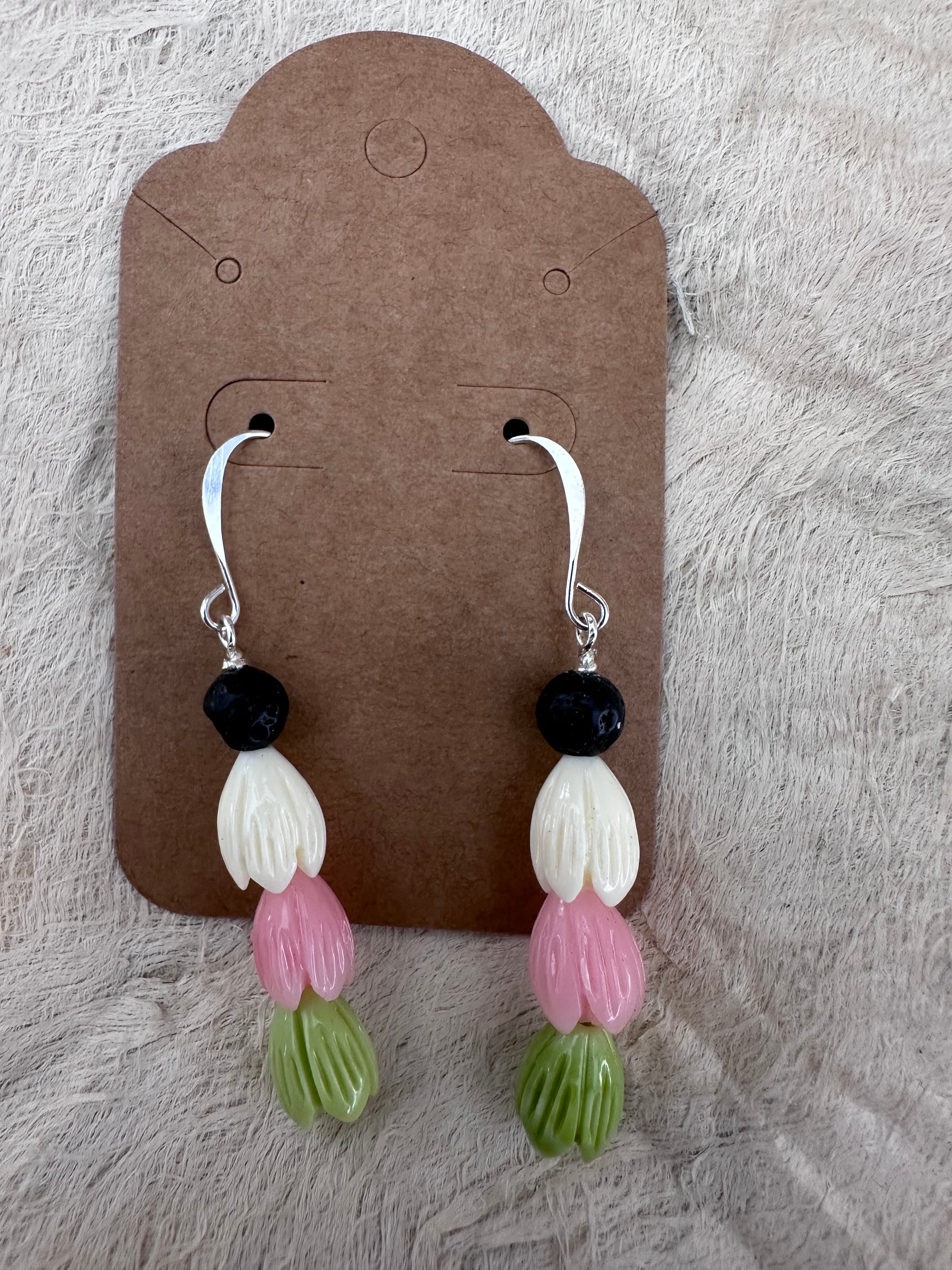 3 Tiered Multi-Colored Pikake Earrings with mini Volcanic Beads