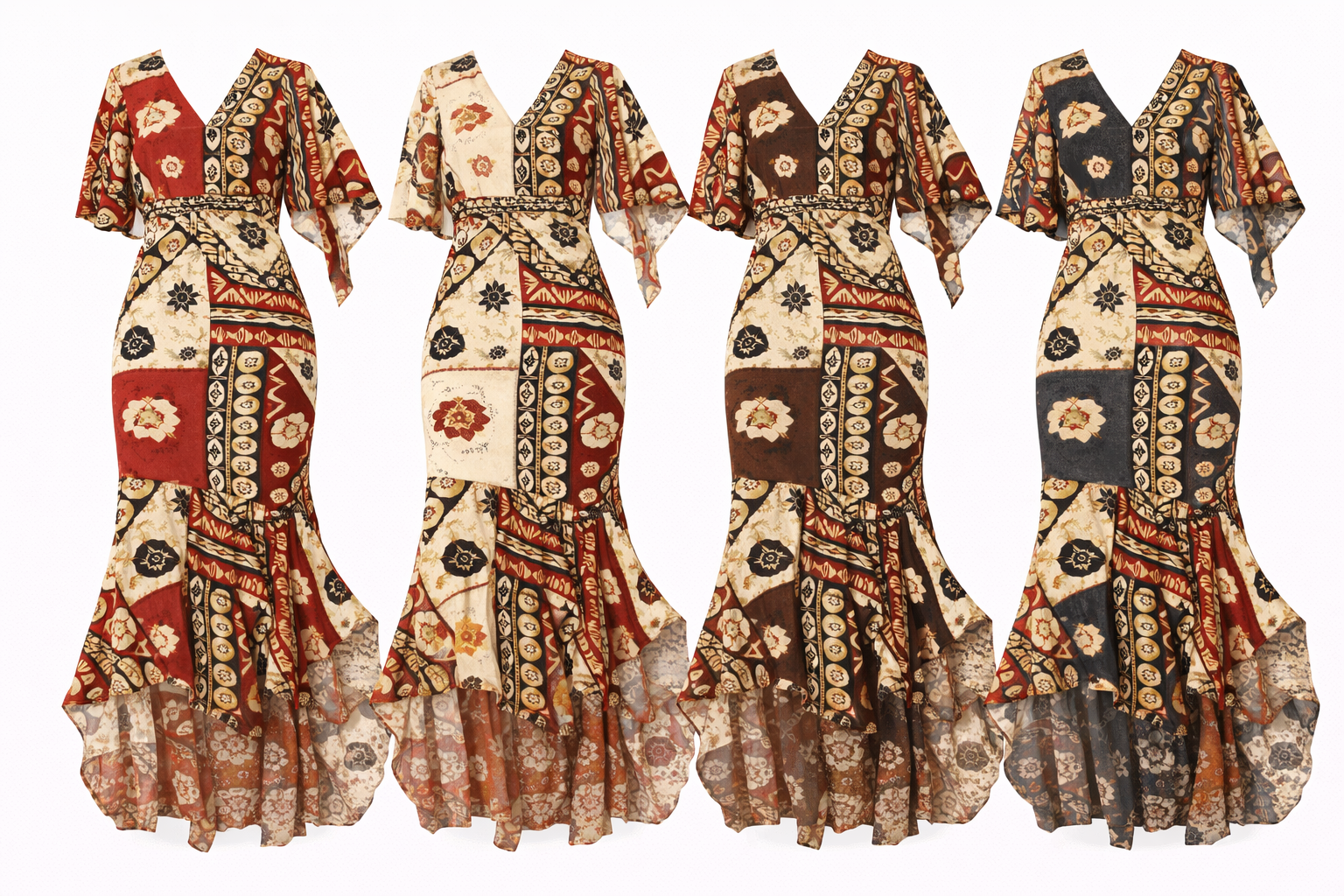 Tapa High-Low Mermaid Dress with Flared Sleeves (Cape & Wrap Tie Options Available)