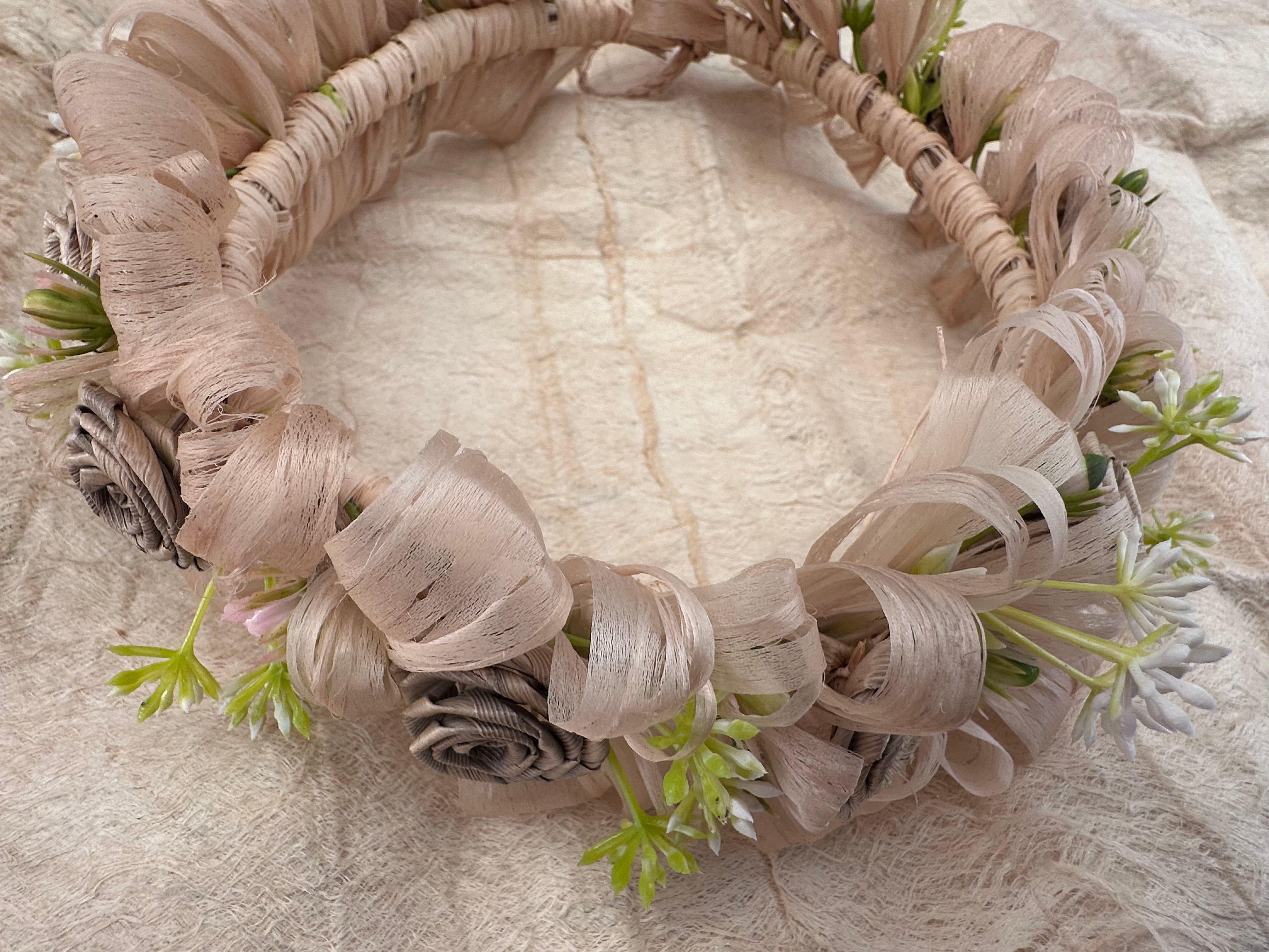 Rafia Lei Po’o with Tapa Rose Flower with Neon Leaf