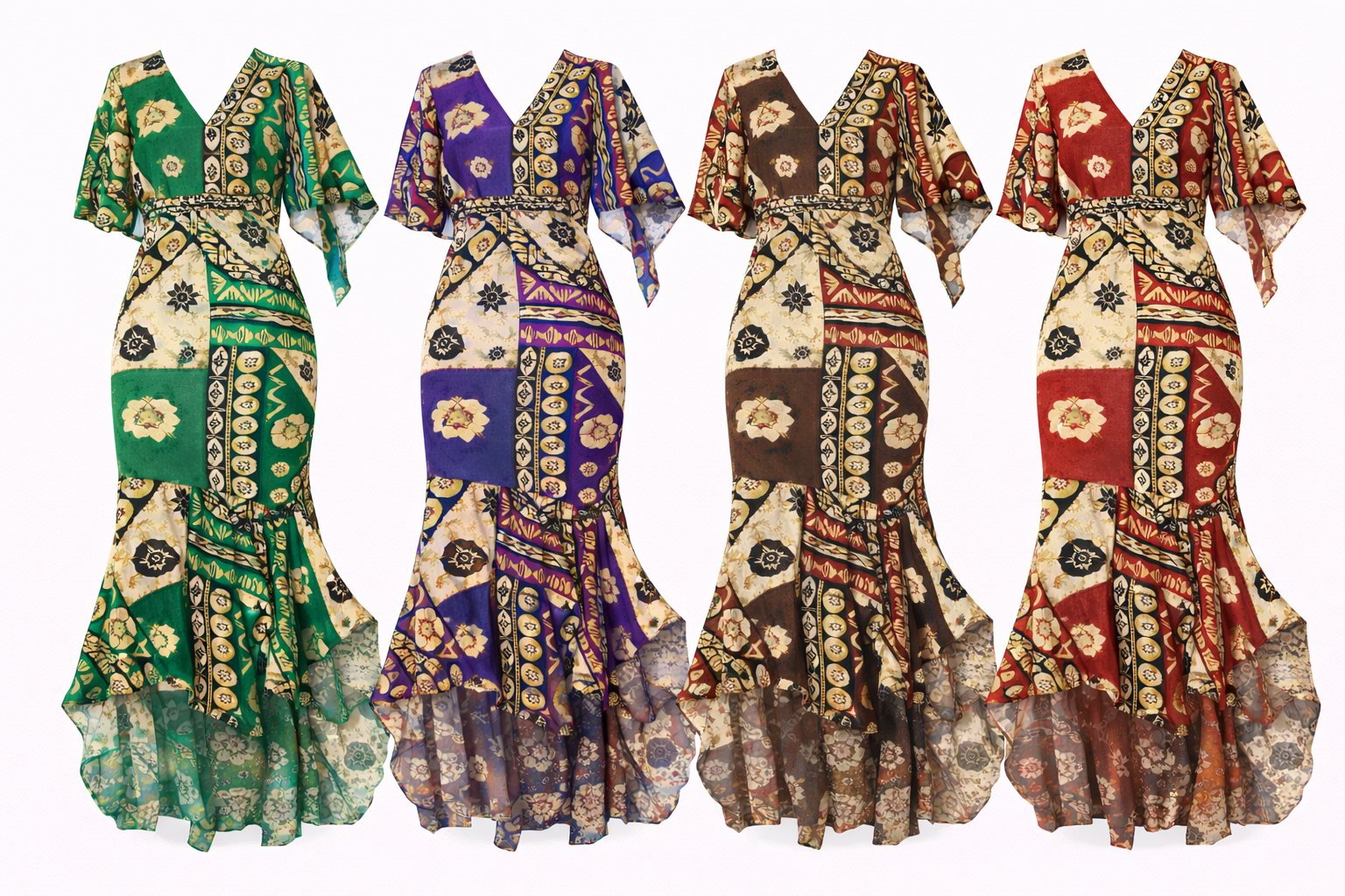 Tapa High-Low Mermaid Dress with Flared Sleeves (Cape & Wrap Tie Options Available)