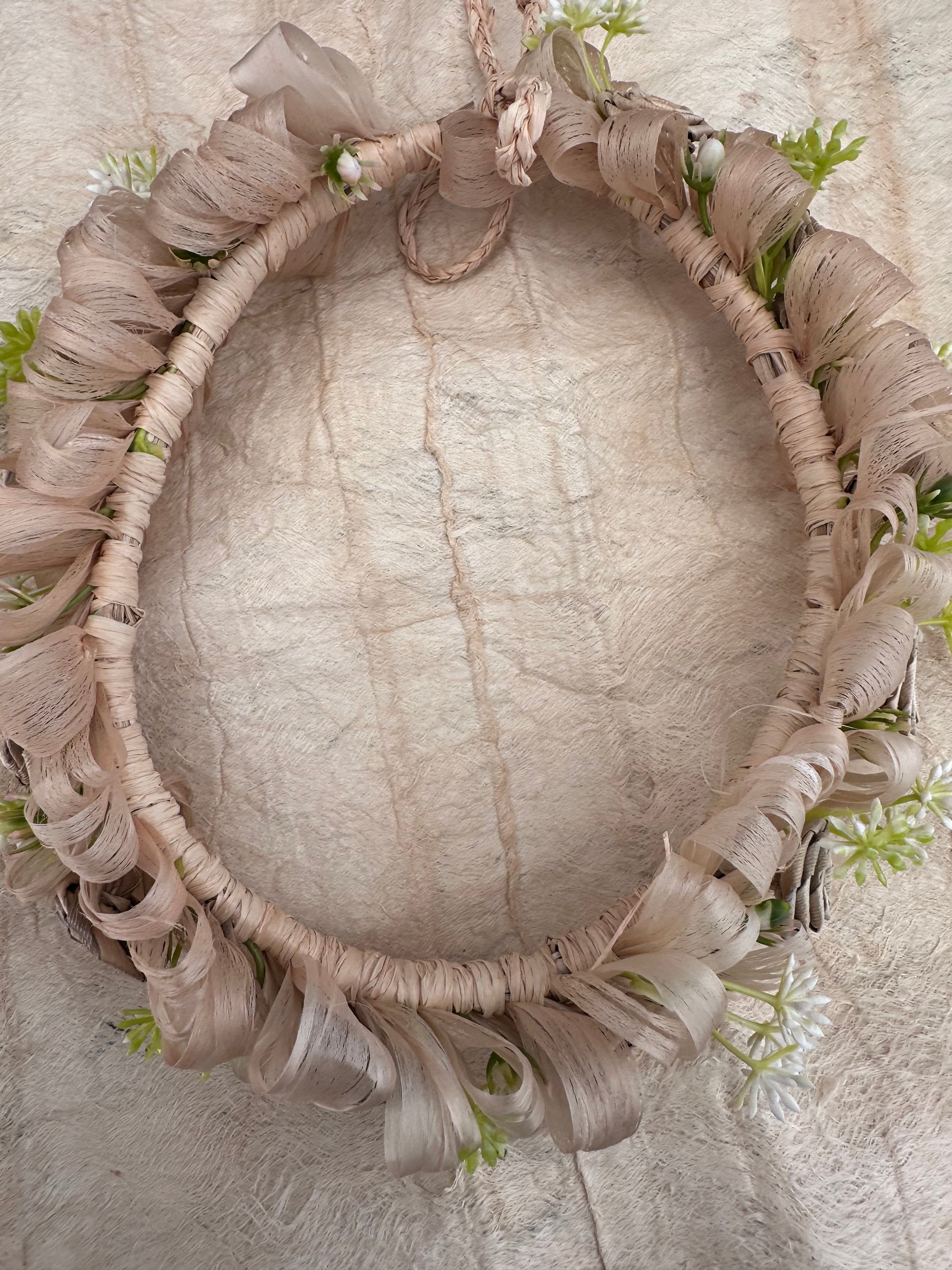 Rafia Lei Po’o with Tapa Rose Flower with Neon Leaf